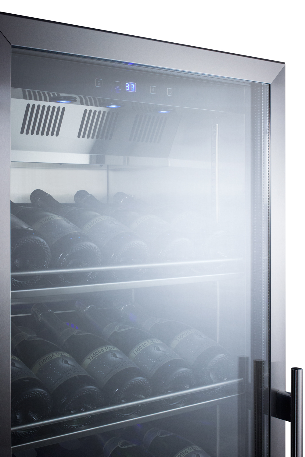 Full-size commercially listed wine cellar with stainless steel interior, champagne shelving, digital controls, self-closing glass door, and stainless steel cabinet